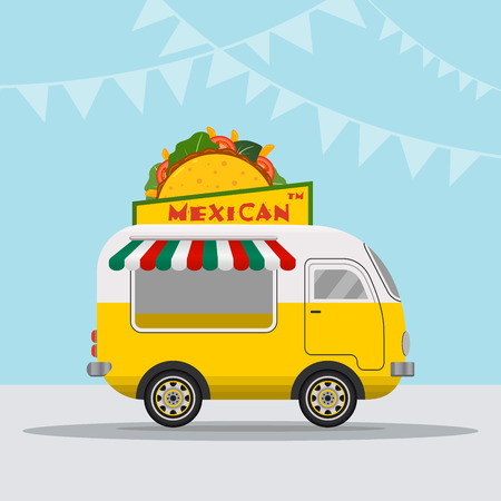 Food truck logotype for Mexican food meal fast delivery service or summer food festival. Truck van with Mexican food, taco and burrito. Vector illustration.のイラスト素材