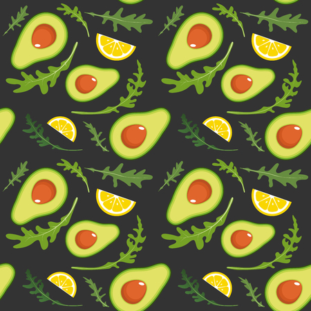 Seamless pattern on dark background with avocado, arugula and lemon slice. Vector illustrationのイラスト素材