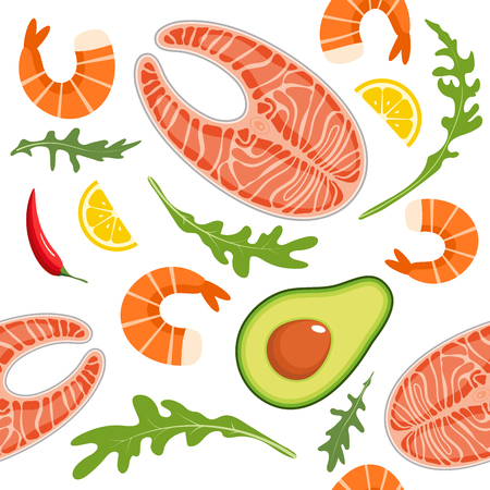 Seamless pattern on white background with shrimp, salmon, avocado, arugula and lemon slice. Seafood and avocado background. Vector illustrationのイラスト素材