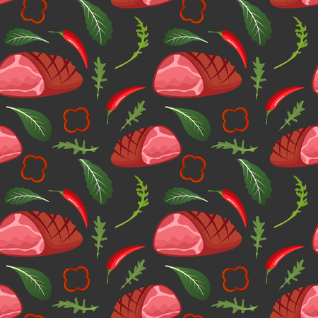 Seamless pattern on dark background with baked glazed ham, paprika, hot pepper, onion and arugula. Meat products background. Vector illustrationのイラスト素材