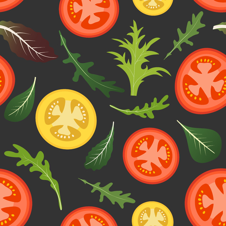 Seamless pattern on dark background with red and yellow tomatoes. Tomato vegetable with lettuce and arugula leaves. Vector illustrationのイラスト素材