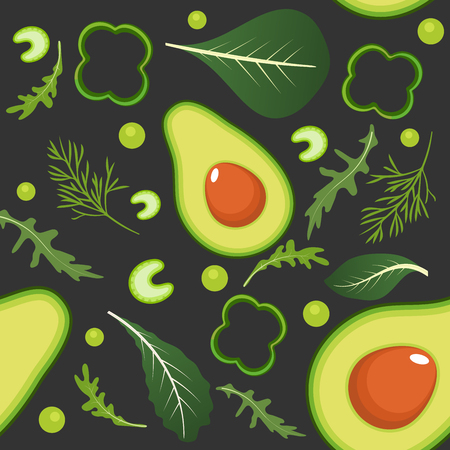 Seamless pattern on dark background with green vegetables. Avocado, paprika, green peas, celery, spinach, arugula and dill. Vector illustrationのイラスト素材