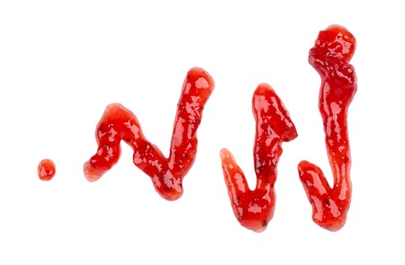 Strawberry thick jam drizzle, isolated on white background. Strawberry marmalade, sauce, topping drops. Top view.の写真素材