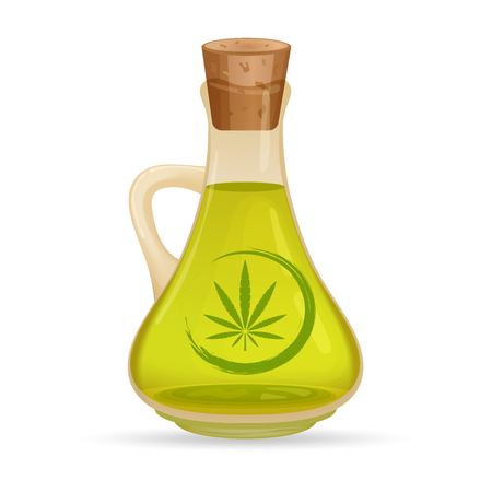 Carafe with hemp oil, isolated on white background. Glass jug with oil. Cannabis oil extracts in jars.のイラスト素材