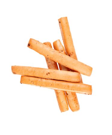 Bread sticks isolated on white background. Grissini, Italian bread sticks with onions and herbs. Top viewの写真素材