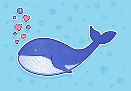 Whale sticker on blue background with bubbles and hearts. Ocean fish. Underwater marine wild life. Vector illustration.のイラスト素材