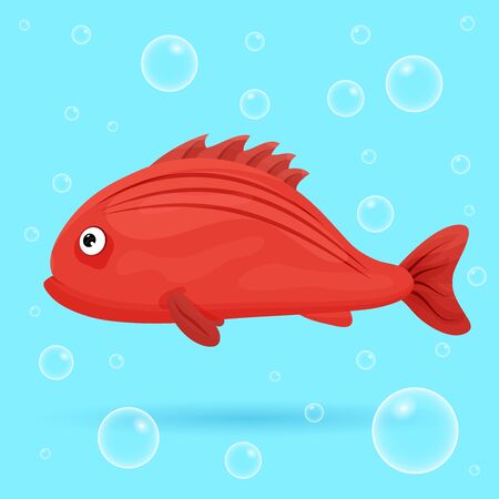 Cute tropical fish on blue background with bubbles. Brightly-coloured ocean fish. Underwater marine wild life. Vector illustration.のイラスト素材