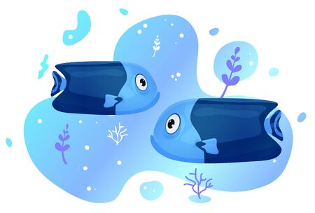 Two cute tropical fish in the sea. Brightly-coloured ocean fish. Underwater marine wild life. Vector illustrationのイラスト素材