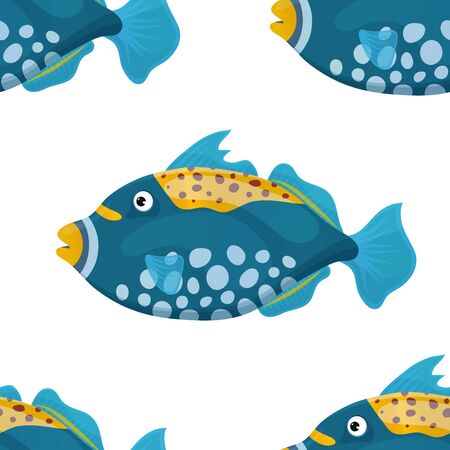 Cute tropical fish on white background. Brightly-coloured ocean fish. Underwater marine wild life. Seamless pattern. Vector illustration.のイラスト素材