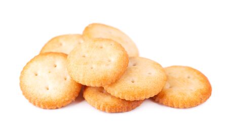 Stack round cracker isolated on white background. Dry cracker cookies isolated. Salty snacks...