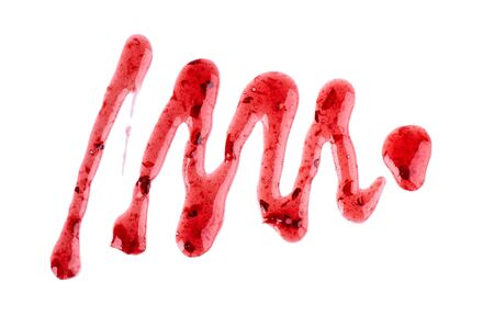 Cherry jam drizzle isolated on white background. Splashes of red berry jam. Top viewの写真素材