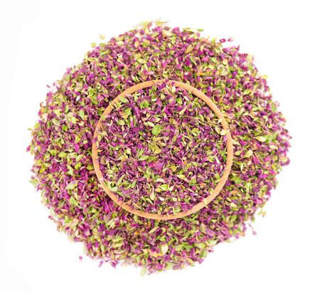 Dried thyme flowers, isolated on white background. Natural herbs - thyme. Organic tea. Top view....