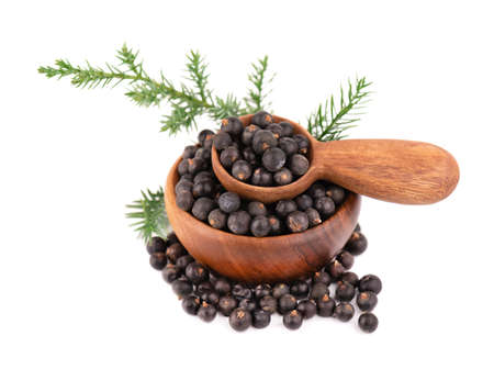 Dry juniper berries with a green branch, isolated on white background. Common Juniper fruits in wooden bowl and spoonの写真素材