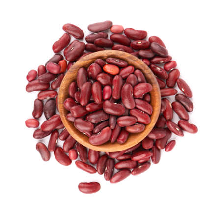 Red kidney beans in wooden bowl, isolated on white background. Rajma or Mexican Bean. Beans close...
