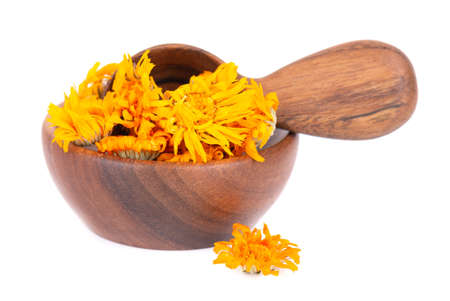 Dried calendula flowers in wooden bowl and spoon, isolated on white background. Petals of Calendula officinalis. Medicinal herbs.の写真素材