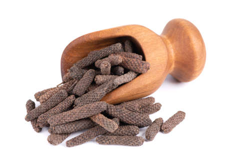 Long pepper in wooden scoop, isolated on white background. Heap of pippali or piper longum.の写真素材