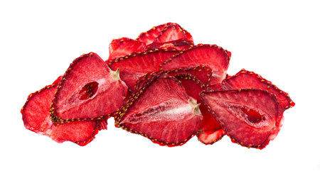 Dried strawberry slices isolated on white background. Dehydrated strawberries chips. Clipping pathの写真素材