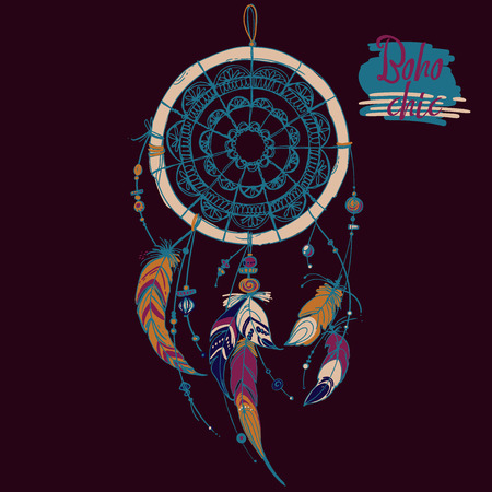 Dreamcatcher, Set of ornaments, feathers and beads. Native american indian dream catcher, traditional symbol. Feathers and beads on white background. Vector decorative elements hippie.のイラスト素材