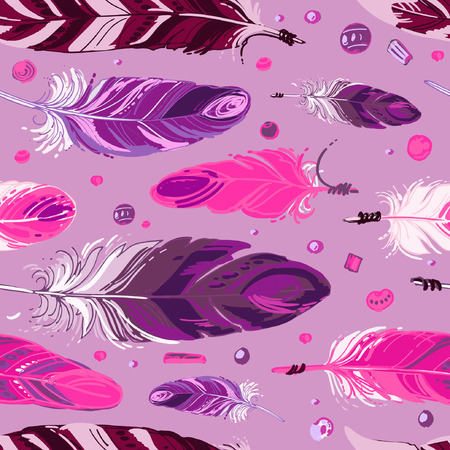 Pattern feathers and beads. Native american indian dream catcher, traditional symbol. Feathers and beads on color background. Vector decorative elements hippie.のイラスト素材