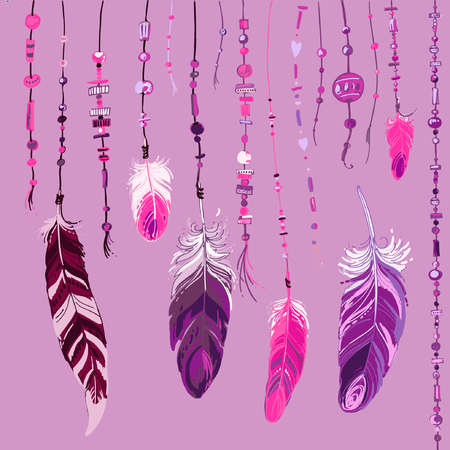 Set of ornaments, feathers and beads. Native american indian dream catcher, traditional symbol. Feathers and beads on white background. Vector decorative elements hippie.のイラスト素材