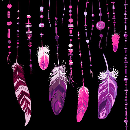 Set of ornaments, feathers and beads. Native american indian dream catcher, traditional symbol. Feathers and beads on white background. Vector decorative elements hippie.のイラスト素材
