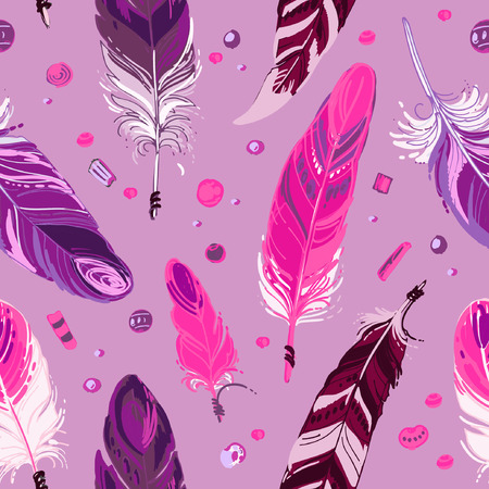 Pattern feathers and beads. Native american indian dream catcher, traditional symbol. Feathers and beads on color background. Vector decorative elements hippie.のイラスト素材