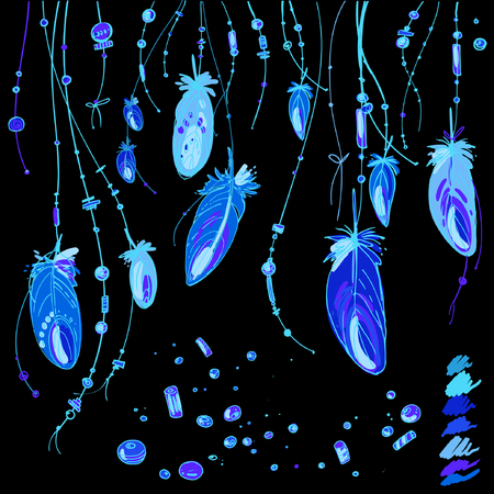 Set of ornaments, feathers and beads. Native american indian dream catcher, traditional symbol. Feathers and beads on white background.のイラスト素材