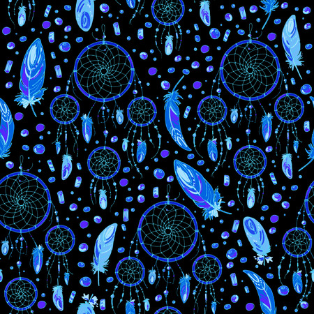 Pattern feathers and beads. Native american indian dream catcher, traditional symbol. Feathers and beads on color background.のイラスト素材
