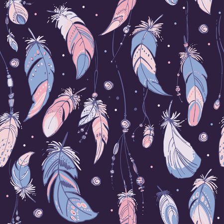 Pattern feathers and beads. Native american indian dream catcher, traditional symbol. Feathers and beads on color background. Vector decorative elements hippie.のイラスト素材