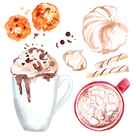 Cocoa mug painted with watercolors on white background. Sweet, sweet drink, coffeeの写真素材