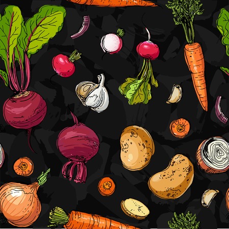 The pattern of painted colored vegetables line drawn on a blackのイラスト素材