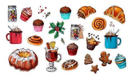 Winter drinks skeleton meal on a white background. Christmas food, mulled wine, buns, holly. Drink and sweets. Cup of coffee top view, bun, plate.のイラスト素材