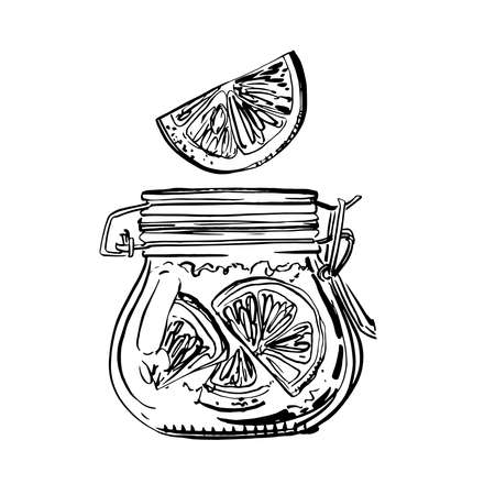 A jar of orange jam. Vector sketch of food in ink on a white background.のイラスト素材