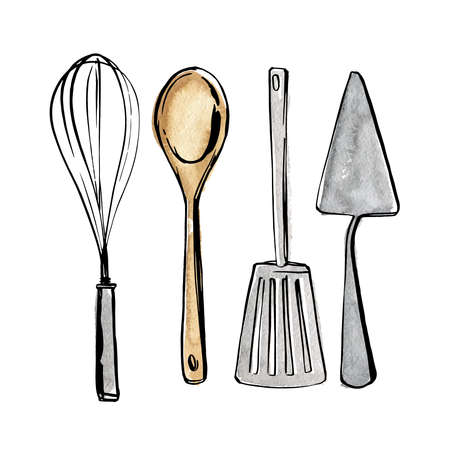 Kitchen tools. Whisk, spoon, spatula. Vector sketch of food in ink on a white background.のイラスト素材