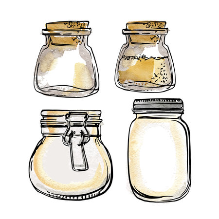 Glass jars with a lock. Vector sketch of food in ink on a white background.のイラスト素材