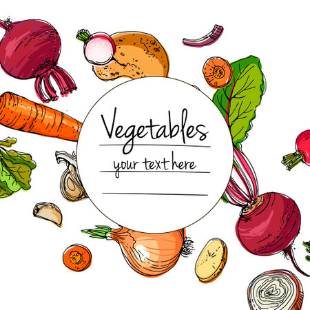 Vegetables. Fresh food. Zucchini, eggplant, cucumber, peppers, peas, tomatoes, asparagus line drawn on a white background. Vector illustration.のイラスト素材