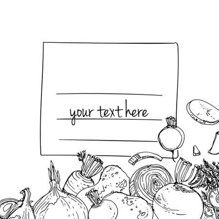 Vegetables. Fresh food. Beets, radishes, carrots, onions, garlic, potatoes line drawn on a white background. Vector illustration.のイラスト素材