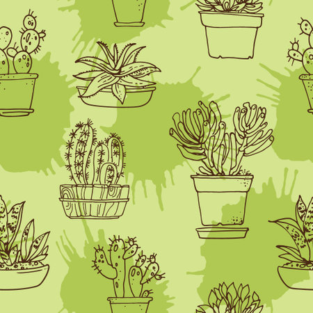 Pattern flowers in pots painted black line on a white background. Vector drawing linesのイラスト素材