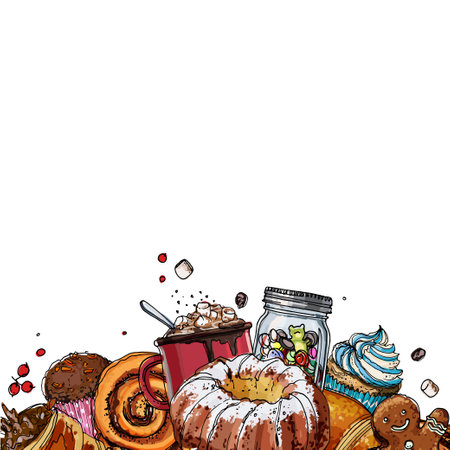 Christmas decor, plants line drawn on a white background. Sketch of berries and leaves. Mistletoe, holly, Cocoa, biscuits, marmalade, candies, sweetsのイラスト素材