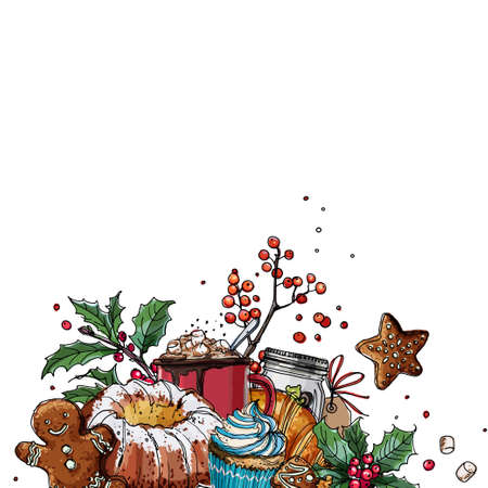 Christmas decor, plants line drawn on a white background. Sketch of berries and leaves. Mistletoe, holly, Cocoa, biscuits, marmalade, candies, sweetsのイラスト素材