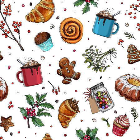 Pattern sketch Christmas sweets. Baking drawn line is not white. Color sketch of food. Mug with...