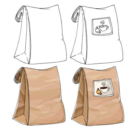 Paper package for breakfast. A sketch of food on a white background. Quarterly packagingのイラスト素材