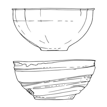 Bowls of painted lines on a white background. Set of dishes. Sketchのイラスト素材