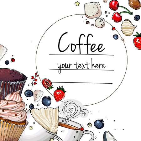 Coffee cup line drawing on a white background. Drink and sweets. Vector image of breakfast. Cup of coffee top view, bun, plate, napkin.のイラスト素材