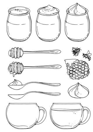 Yogurt in a jar. Glass cups with tea. Spoons. Honey, honeycomb and bees. Sketch of meal line on white background.のイラスト素材