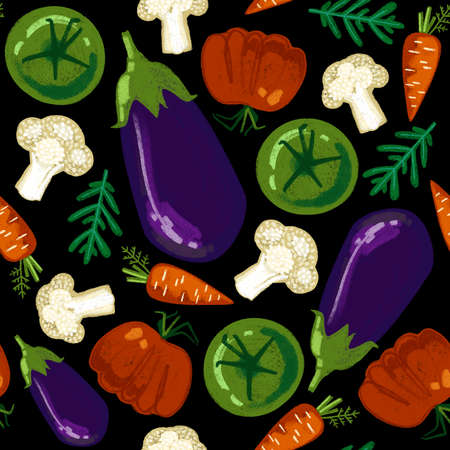 Vegetables food pattern on black background. Farmer root vegetables.