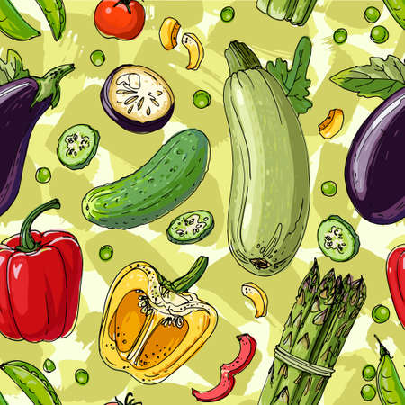 Pattern of painted colored vegetables line drawn. Skertch autumn harvest. Fresh food.