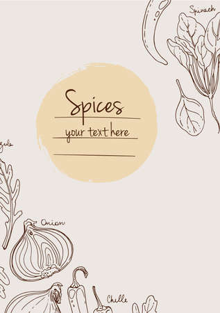 Herbs. Spices. Herb drawn black lines on a white background. Vector illustration. Background with herbs with window for textのイラスト素材