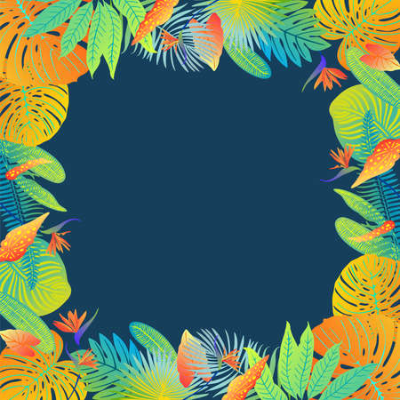 Neon tropical leaves of palm trees, monstera, fern and other plants. Vector color sketch on a blue background. Ultraviolet blue, turquoise, orangeのイラスト素材
