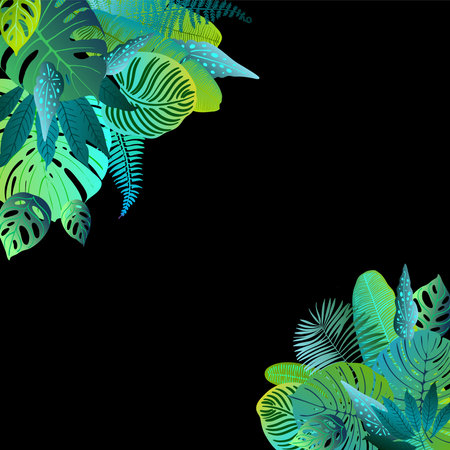 Neon green tropical leaves of palm trees, monstera, fern and other plants. Vector color sketch on a black background. Ultraviolet blue, turquoiseのイラスト素材